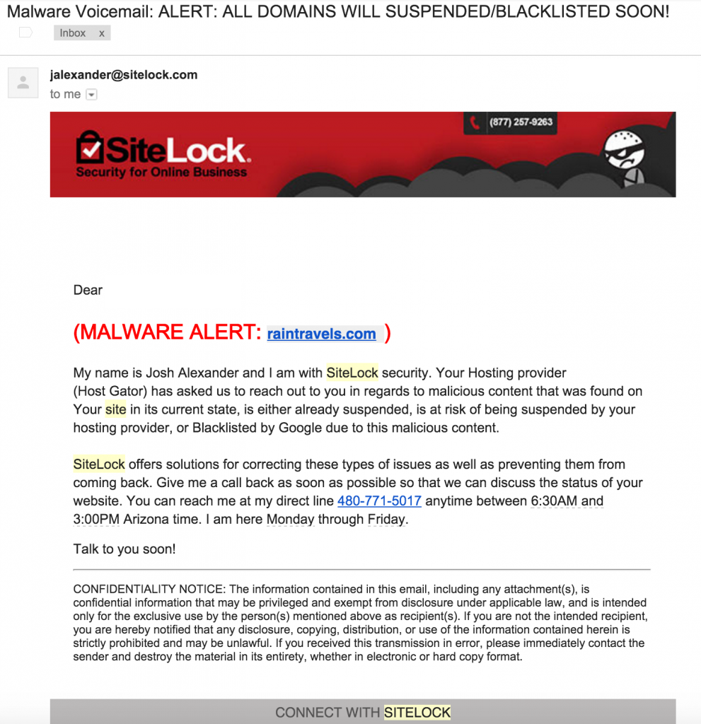 HostGator SiteLock Malware Scam Email