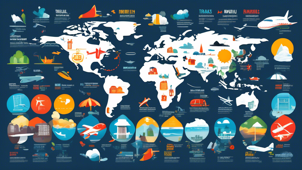 A visually captivating and organized infographic showcasing a month-by-month travel planning guide with icons representing different travel elements such as airplanes, accommodations, weather, and landmarks, in a vibrant, color-coded scheme.
