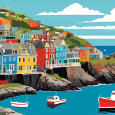 A vibrant and picturesque collage showcasing a day in St. John's, Newfoundland, featuring famous landmarks like Signal Hill and colorful Jellybean Row houses, with a backdrop of the rugged coastline and Atlantic Ocean, encapsulating the essence of a perfect day in the city.