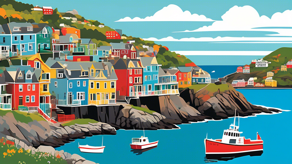 A vibrant and picturesque collage showcasing a day in St. John's, Newfoundland, featuring famous landmarks like Signal Hill and colorful Jellybean Row houses, with a backdrop of the rugged coastline and Atlantic Ocean, encapsulating the essence of a perfect day in the city.