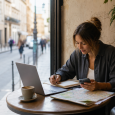 Traveler planning a trip at a cafe table with a laptop, map, notebook, and phone