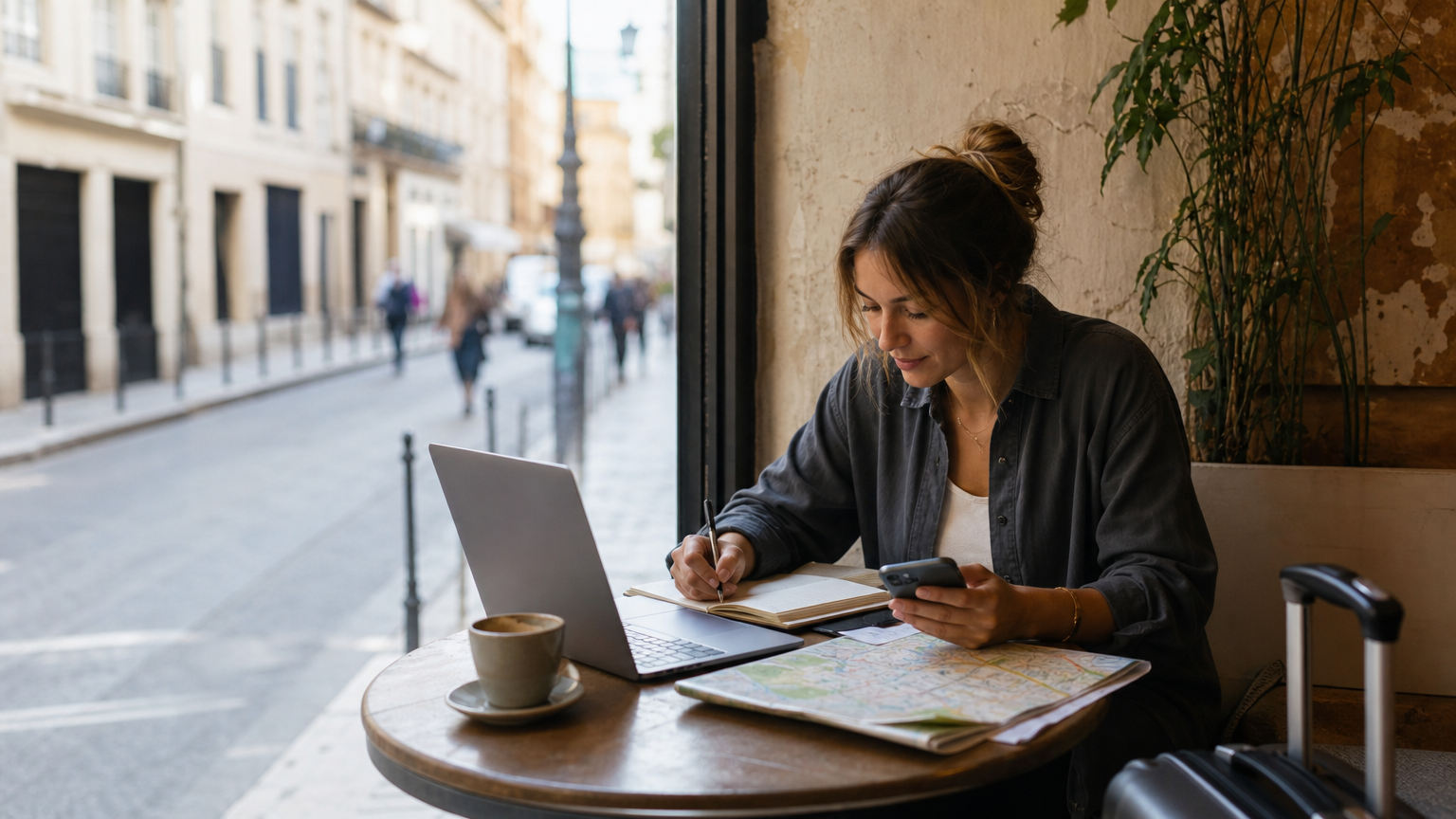 Traveler planning a trip at a cafe table with a laptop, map, notebook, and phone