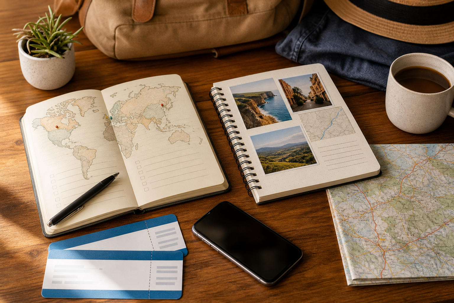 Travel planning desk arranged around two notebooks and a folded map