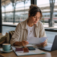 Traveler reviewing itinerary notes, passport, phone, and laptop before a trip.