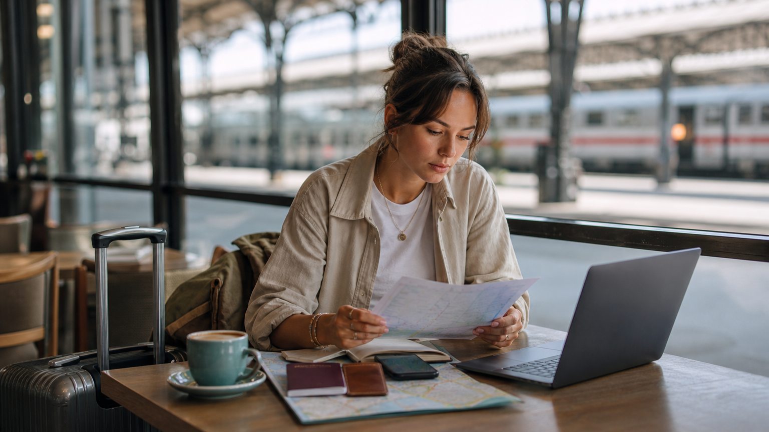 Traveler reviewing itinerary notes, passport, phone, and laptop before a trip.