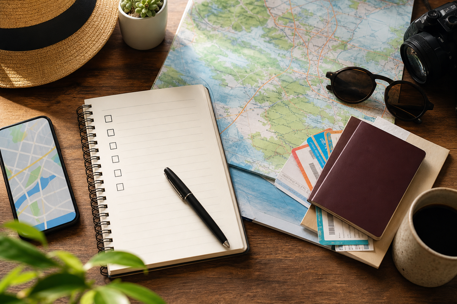 Travel planning desk with checklist, map, passport, tickets, and phone.