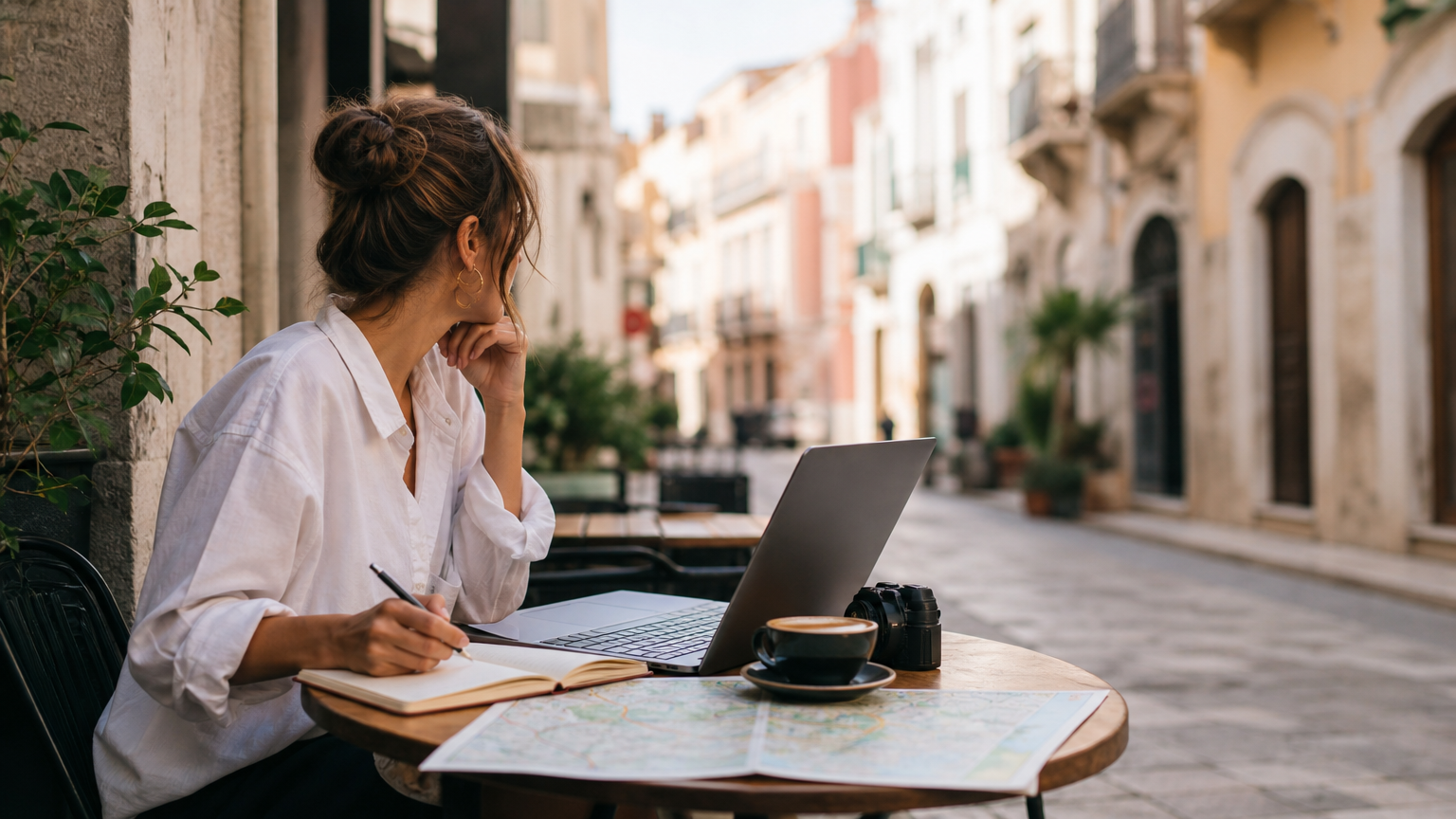 Traveler planning a trip at a cafe table with a laptop, notebook, and map