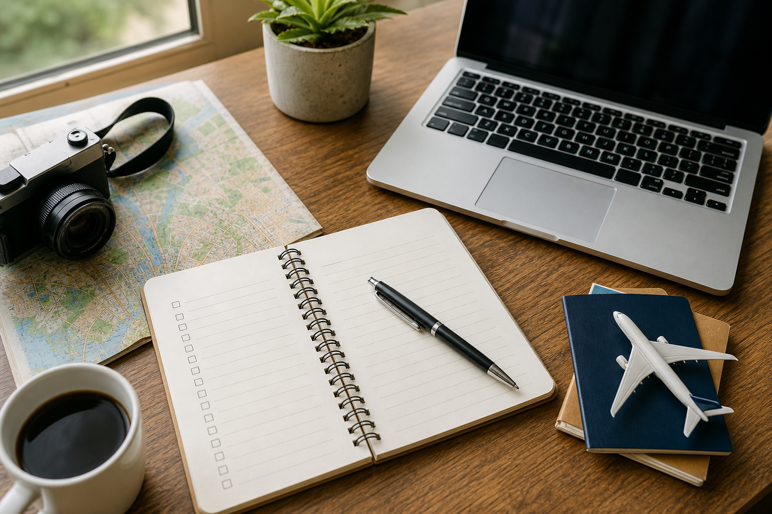 Overhead travel planning workspace with notebook, laptop, passport, and map