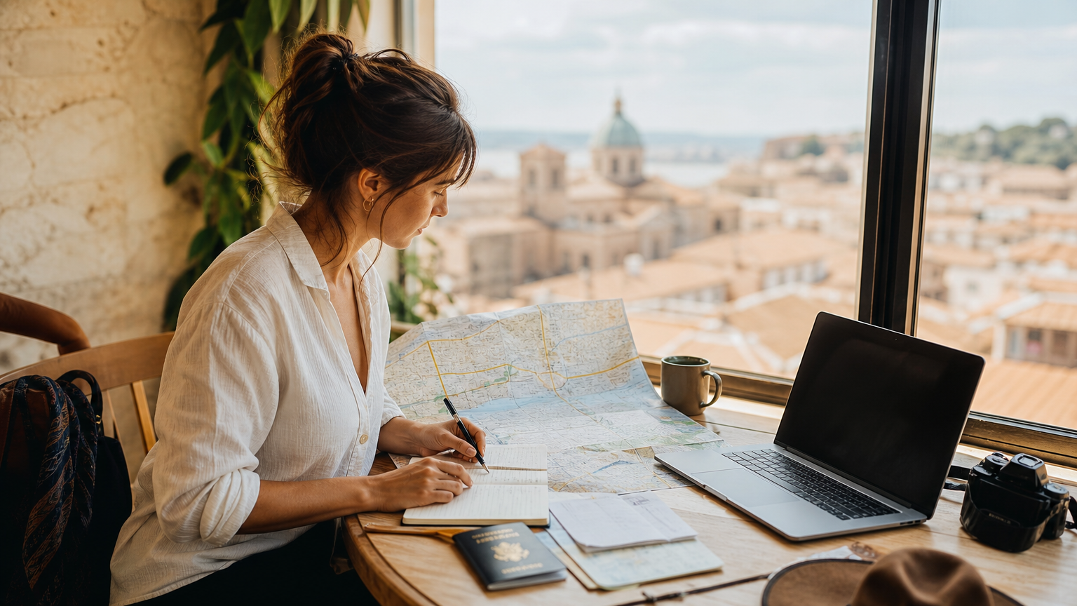 Traveler organizing maps, notes, passport, and laptop at a cafe table