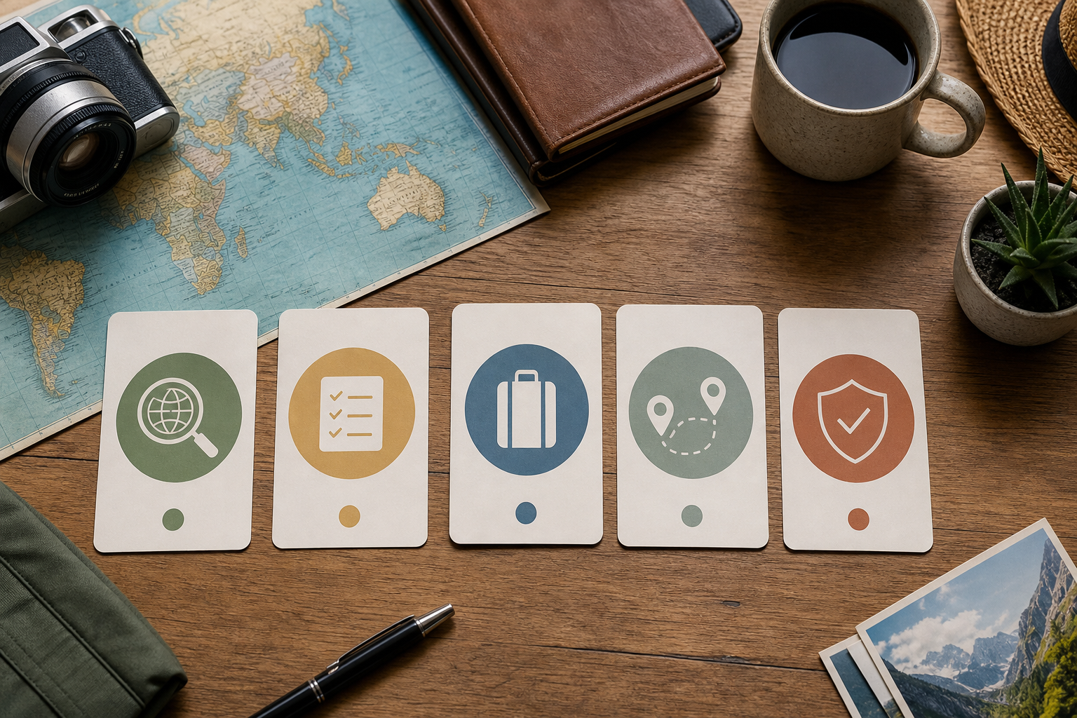 Five travel planning cards arranged beside a map and camera