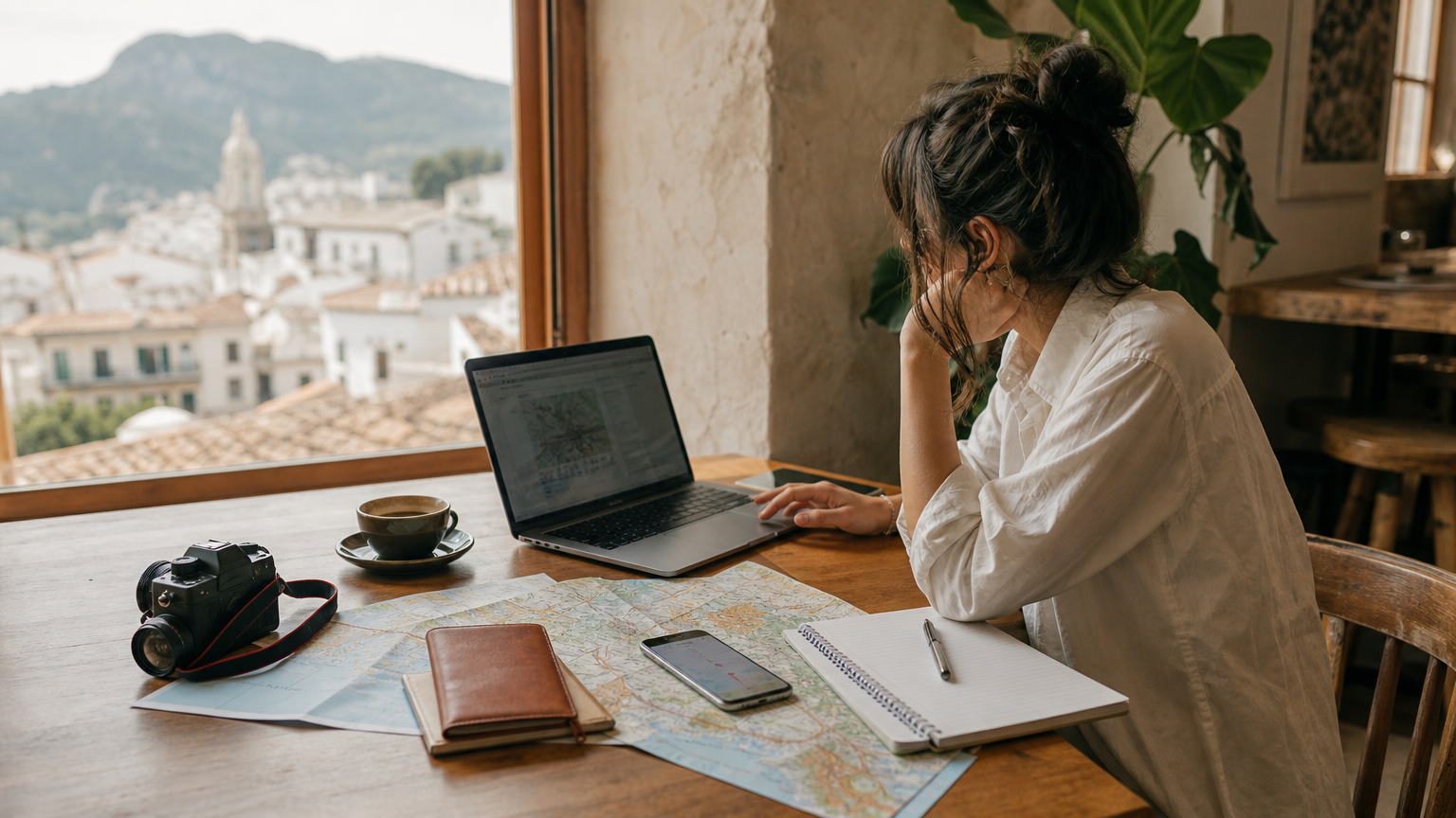 Traveler planning a trip at a cafe table with a laptop, map, notebook, and phone.