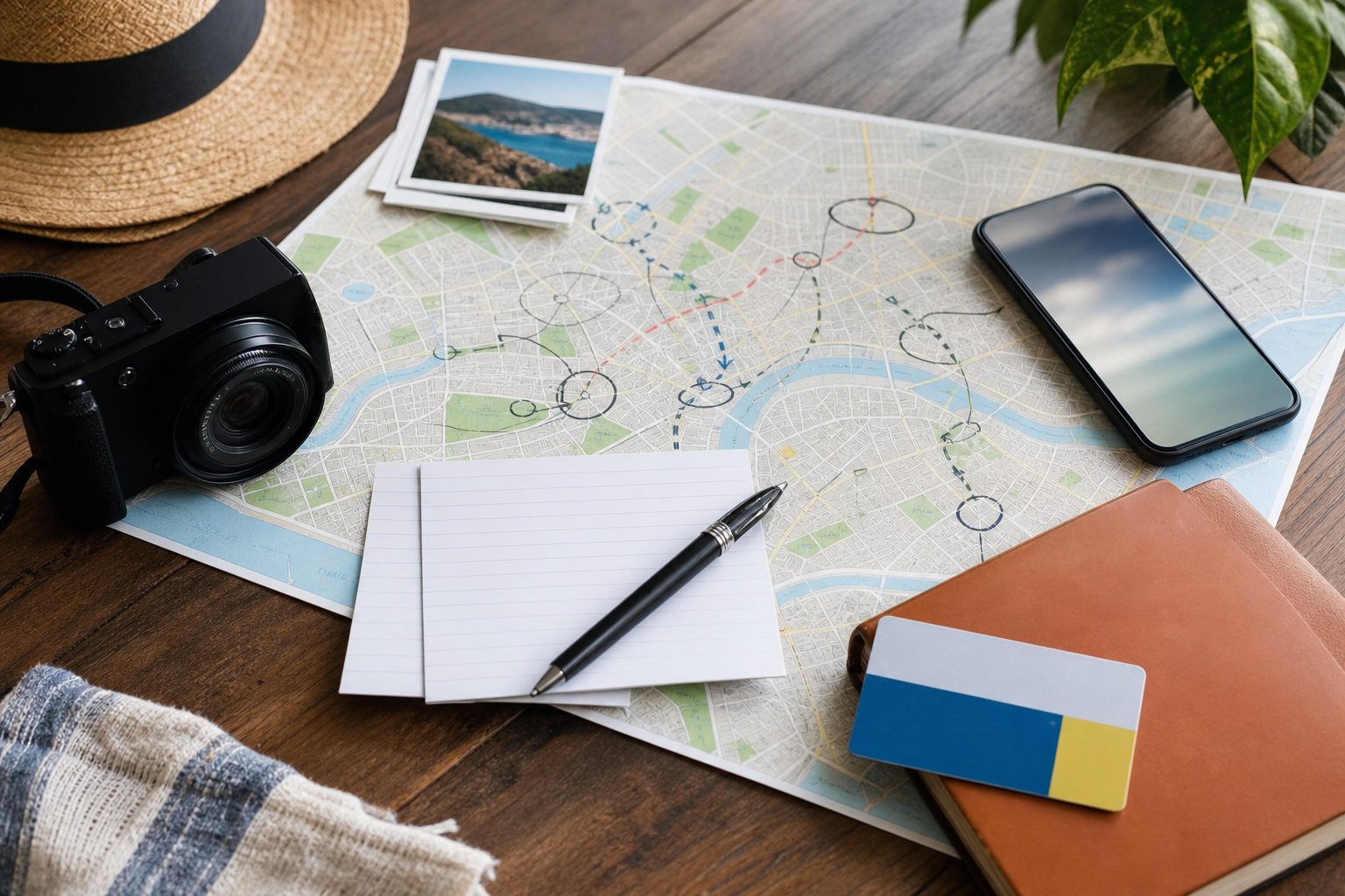 Travel planning flat lay with map, notes, pen, camera, and phone.
