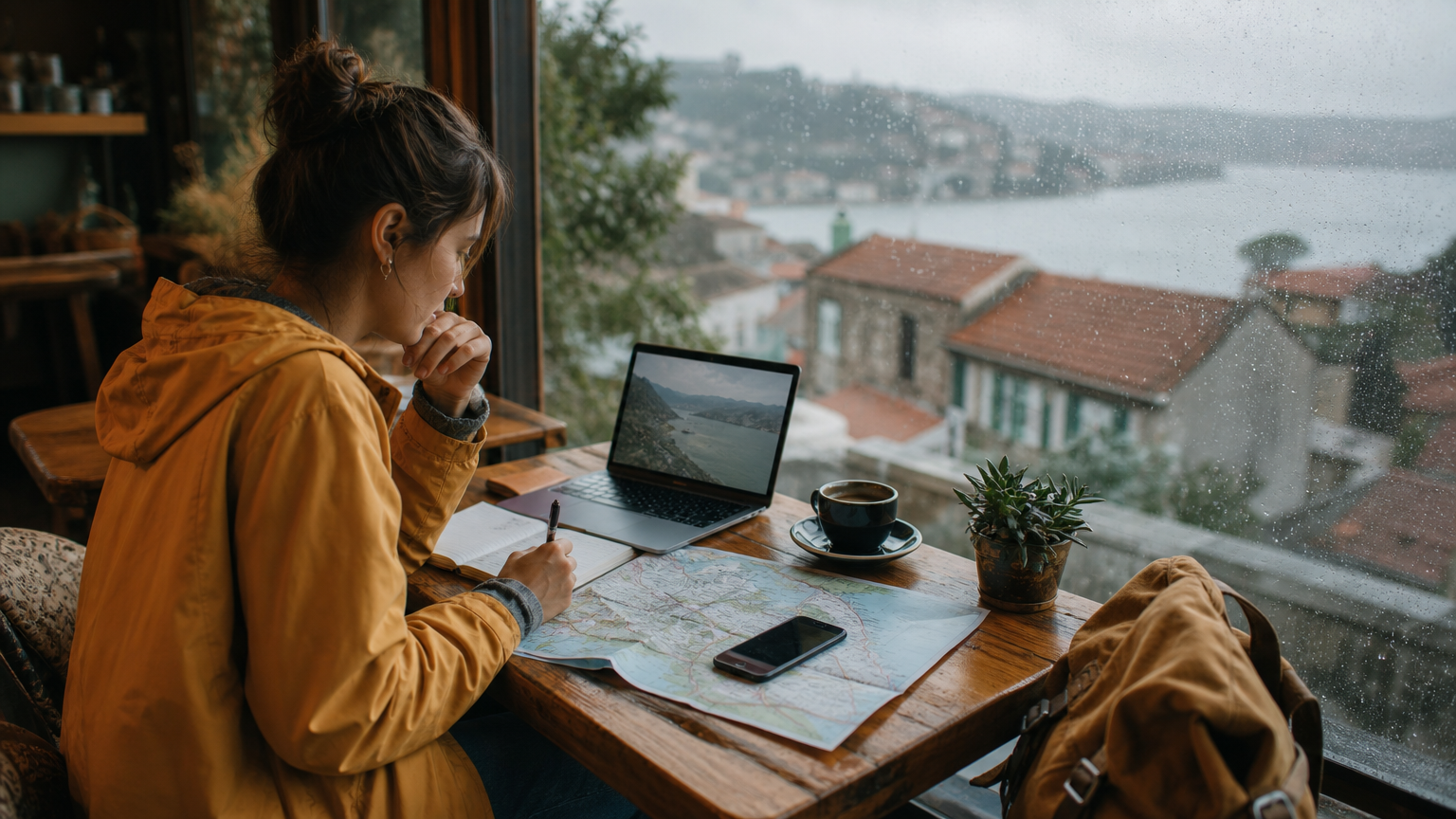 Traveler planning a trip with a laptop, map, notebook, and phone beside a rainy café window
