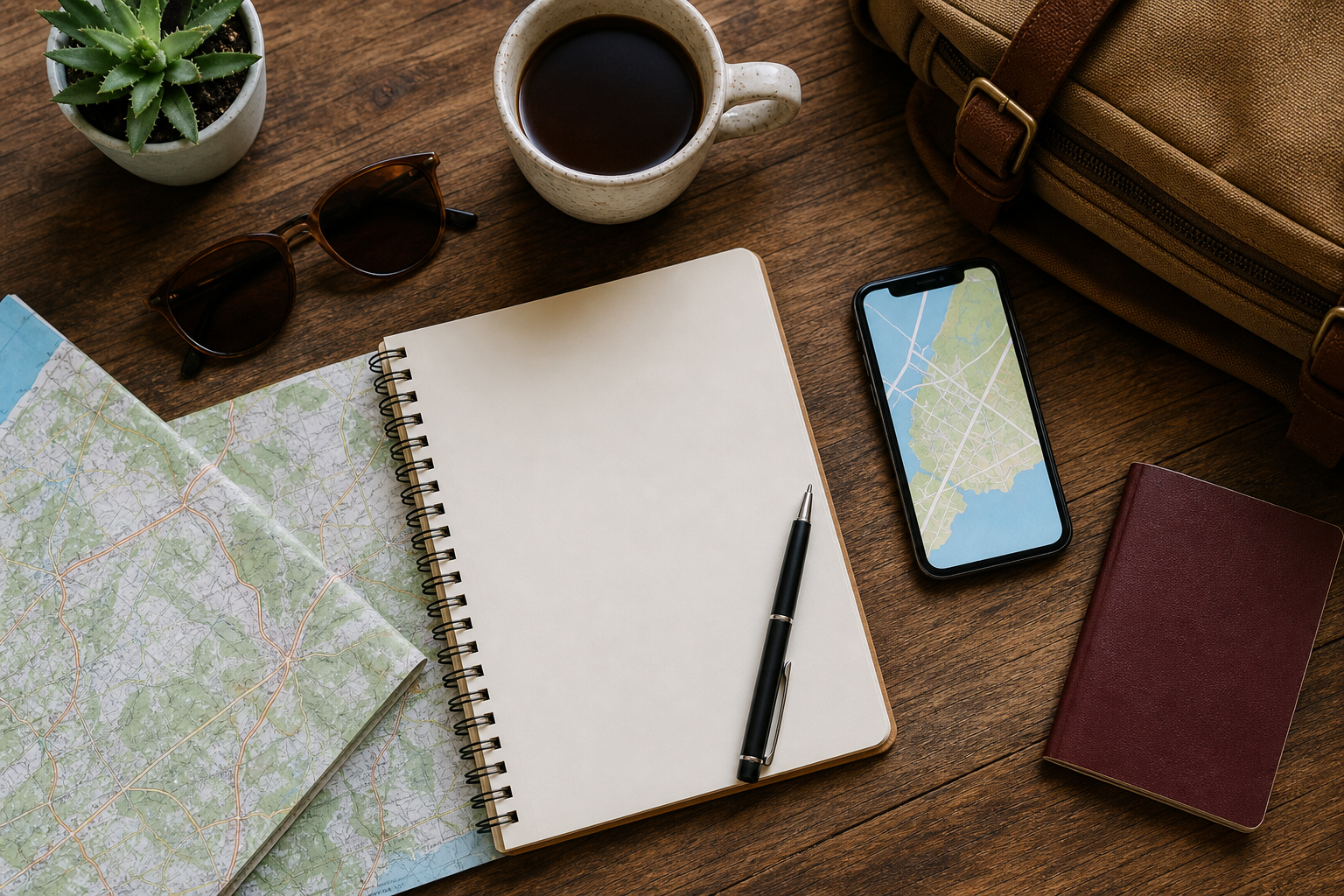 Travel planning flat lay with notebook, map, phone, pen, and coffee