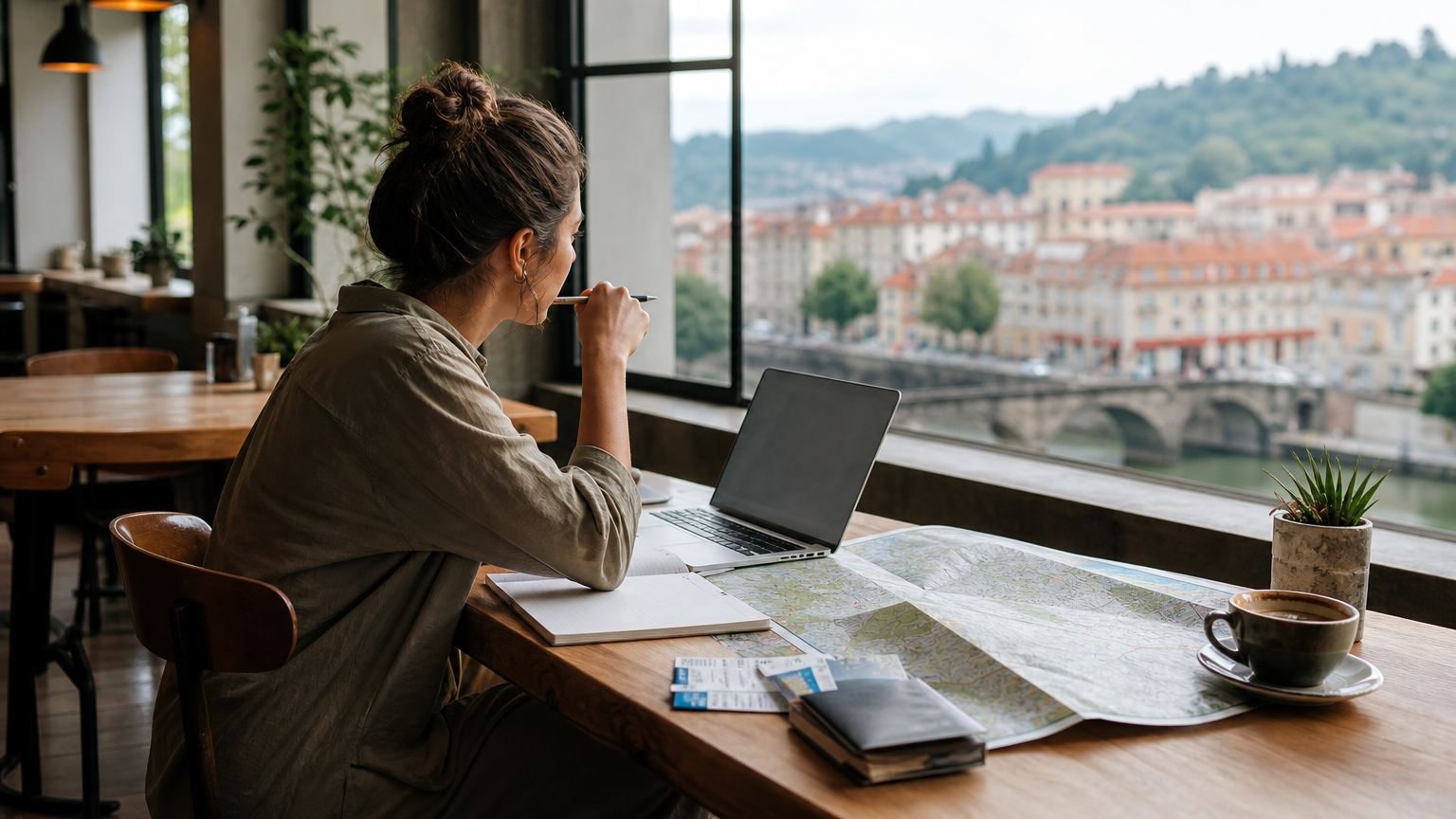 Traveler planning a complex trip with a laptop, map, notebook, and tickets on a cafe table