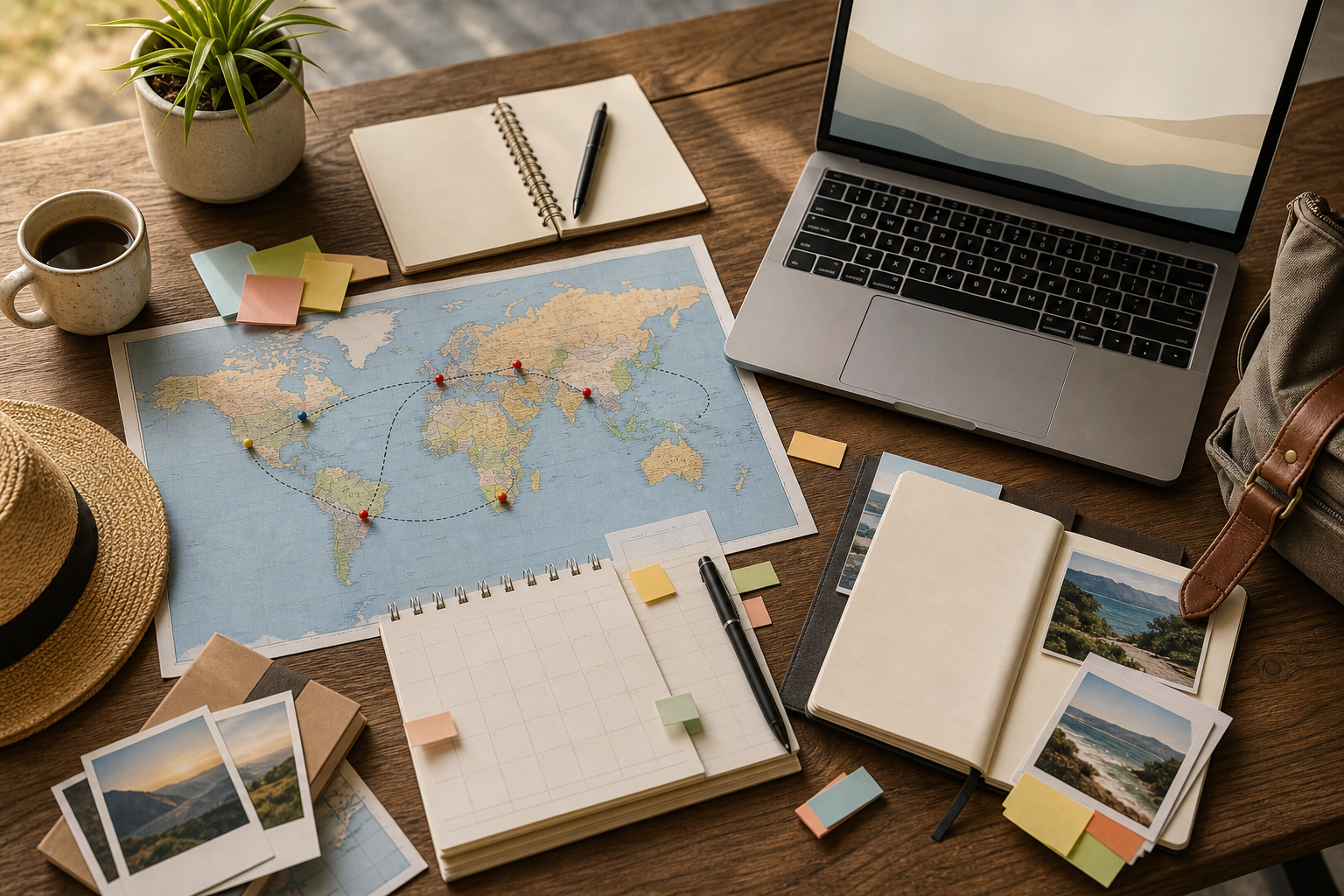 Organized travel planning materials arranged into notes, calendar pages, route map, and laptop