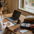 Traveler organizing trip details with a laptop, notebook, passport, and packing items on a café table