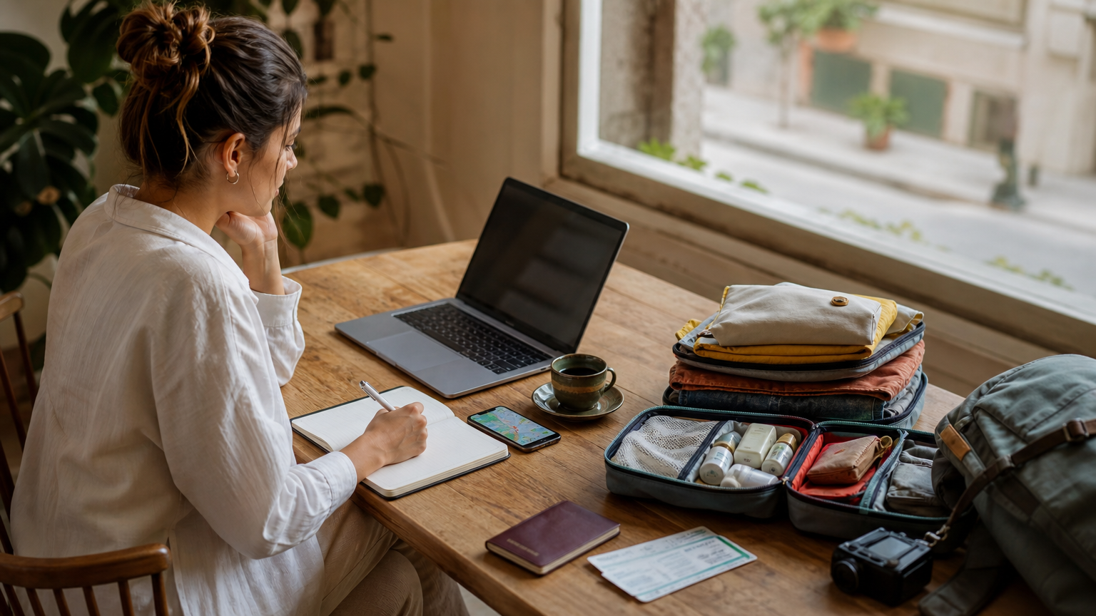 Traveler organizing trip details with a laptop, notebook, passport, and packing items on a café table