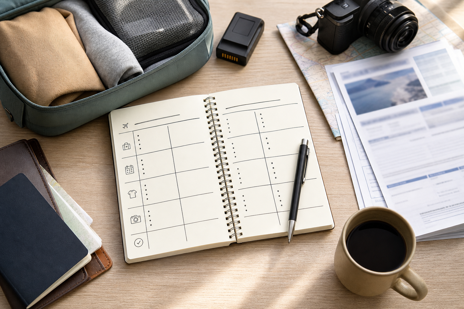 Travel planning workspace with notebook, passport, packing cube, and trip papers arranged for checklist building