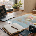 Traveler organizing trip notes on a table with a laptop, notebook, map, passport, and coffee