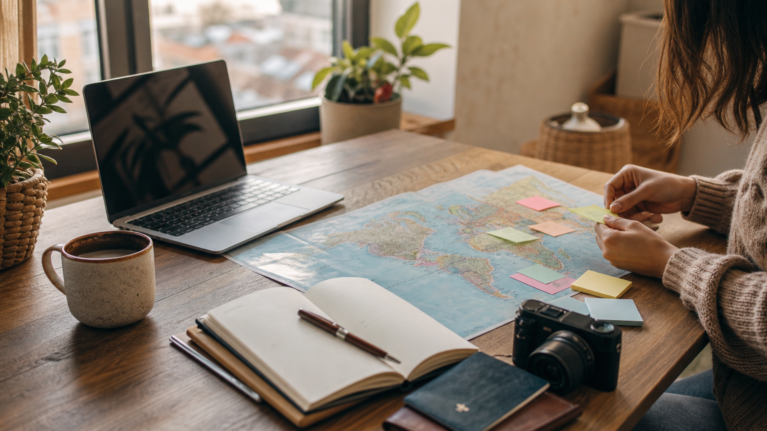 Traveler organizing trip notes on a table with a laptop, notebook, map, passport, and coffee