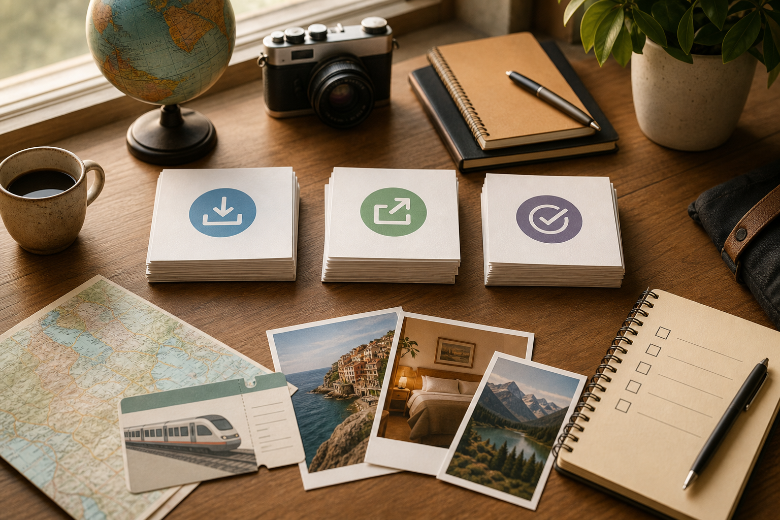 Travel planning materials arranged into simple input, output, and verification groups
