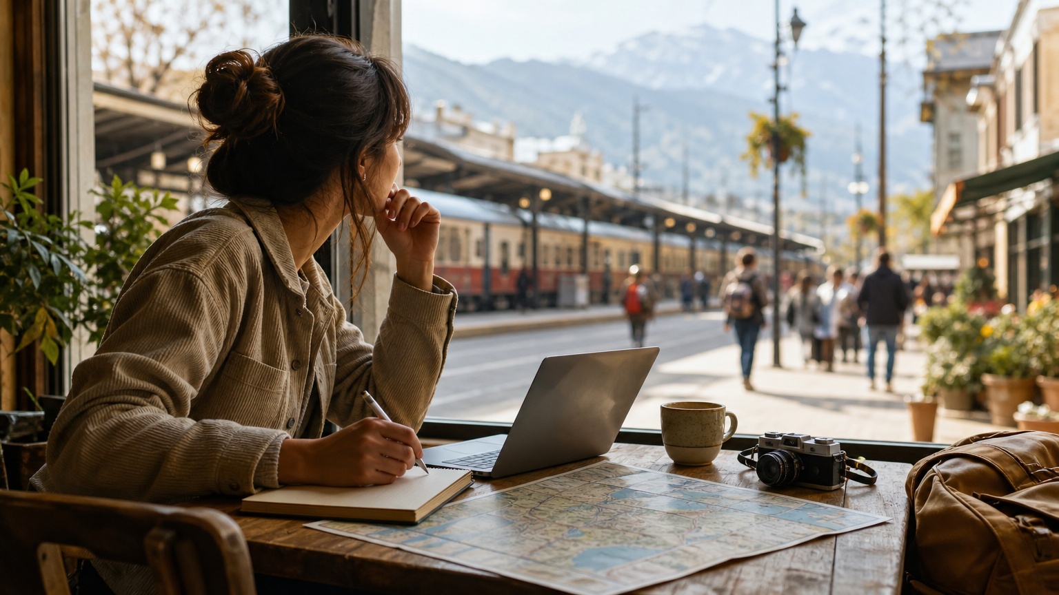 Traveler planning a trip at a café table with a laptop, notebook, and map