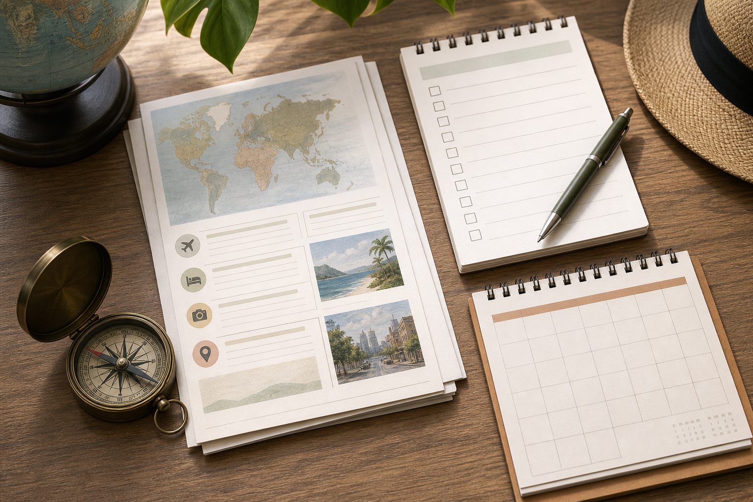 Four travel planning tools arranged on a desk to represent different planning roles