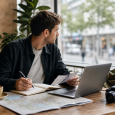 Traveler organizing trip notes on a laptop and notebook beside a café window