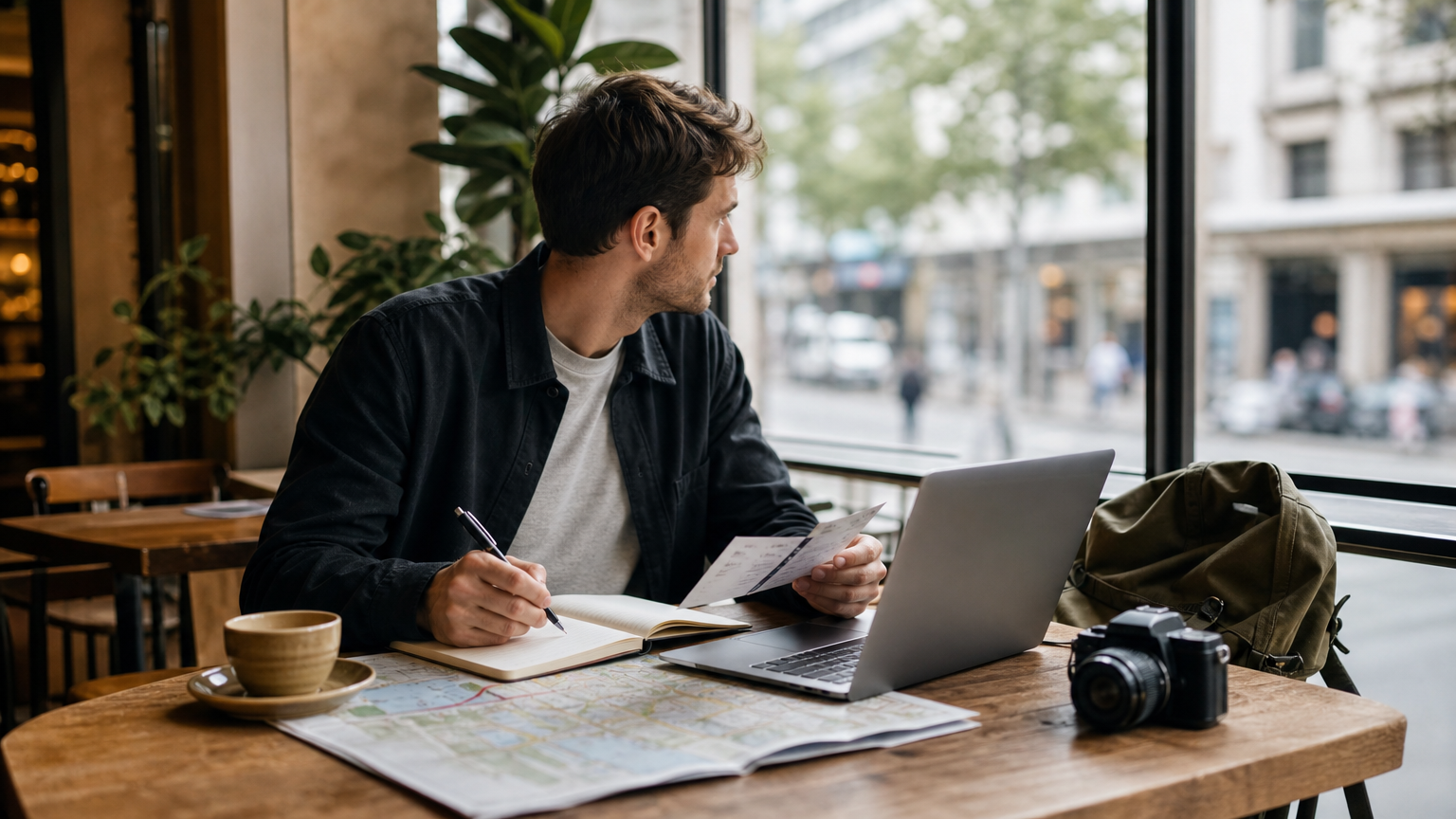 Traveler organizing trip notes on a laptop and notebook beside a café window