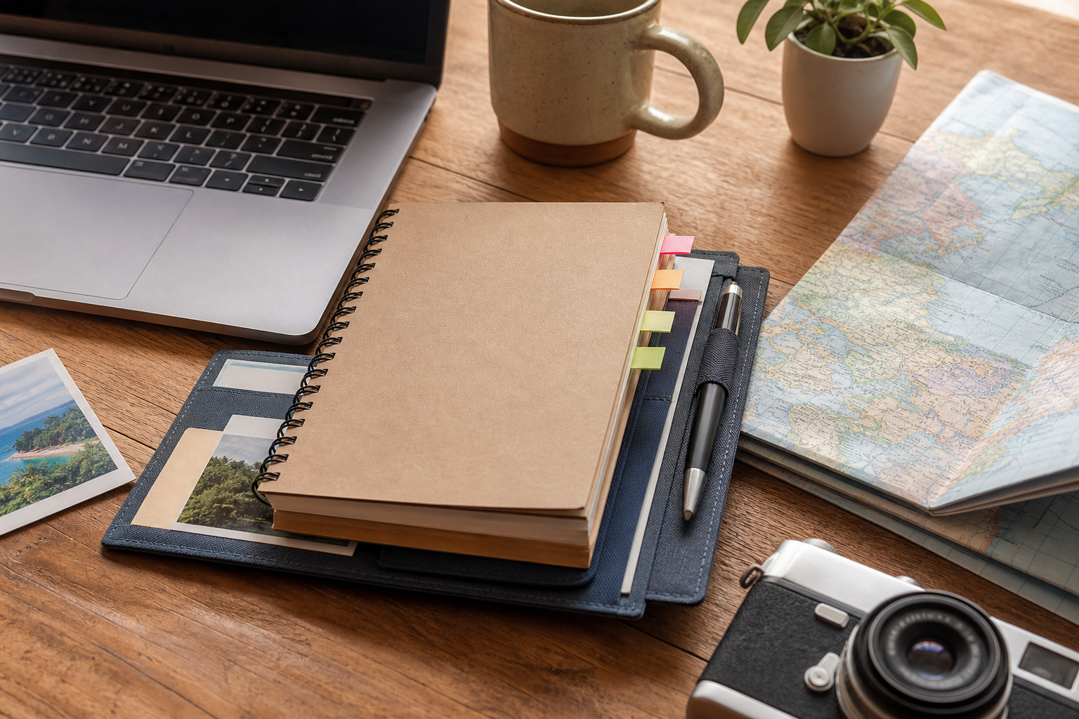 Organized travel notes, laptop, tabs, and map on a desk