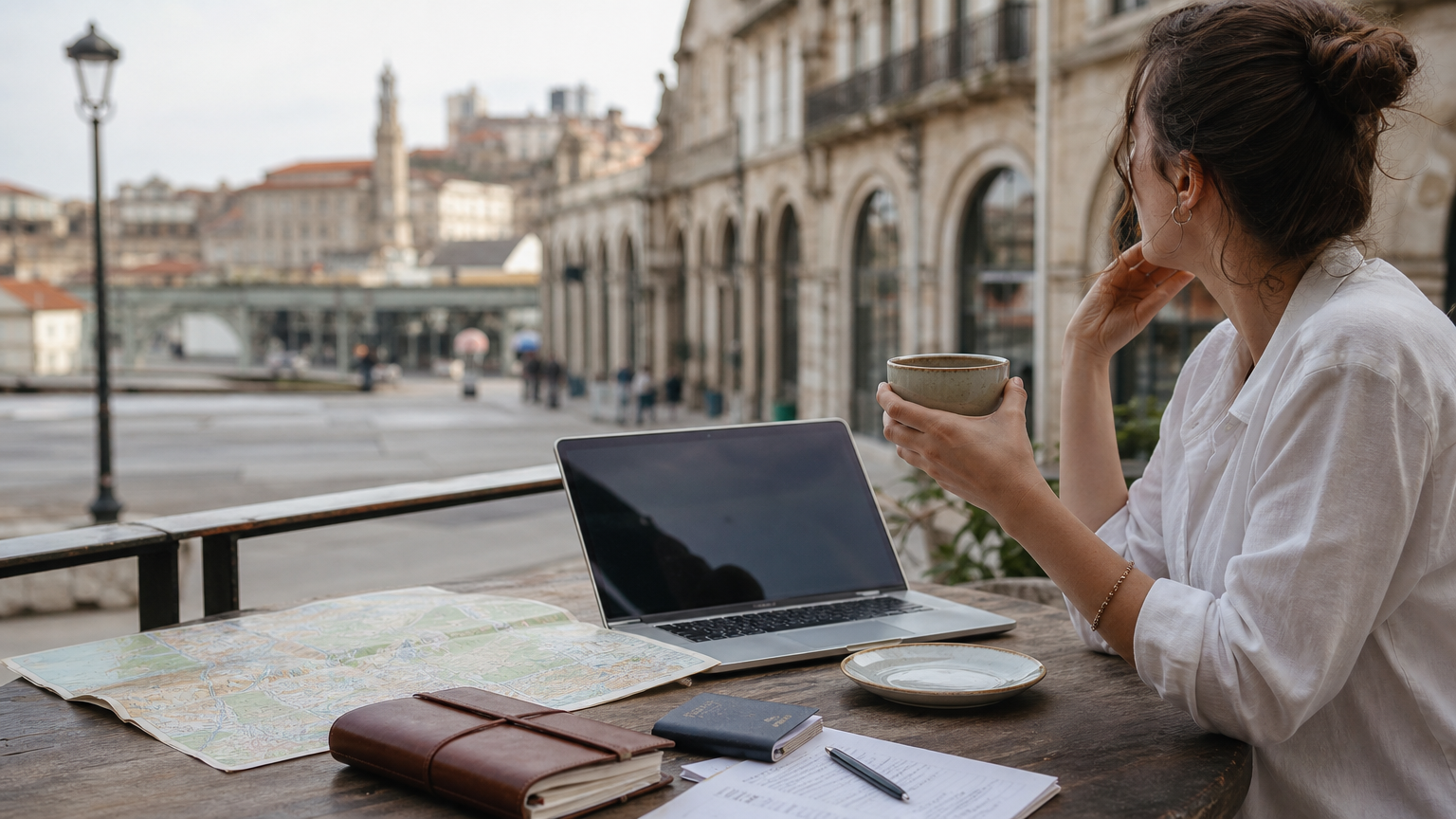 Traveler planning a trip with a laptop, notebook, map, and passport at a café table.