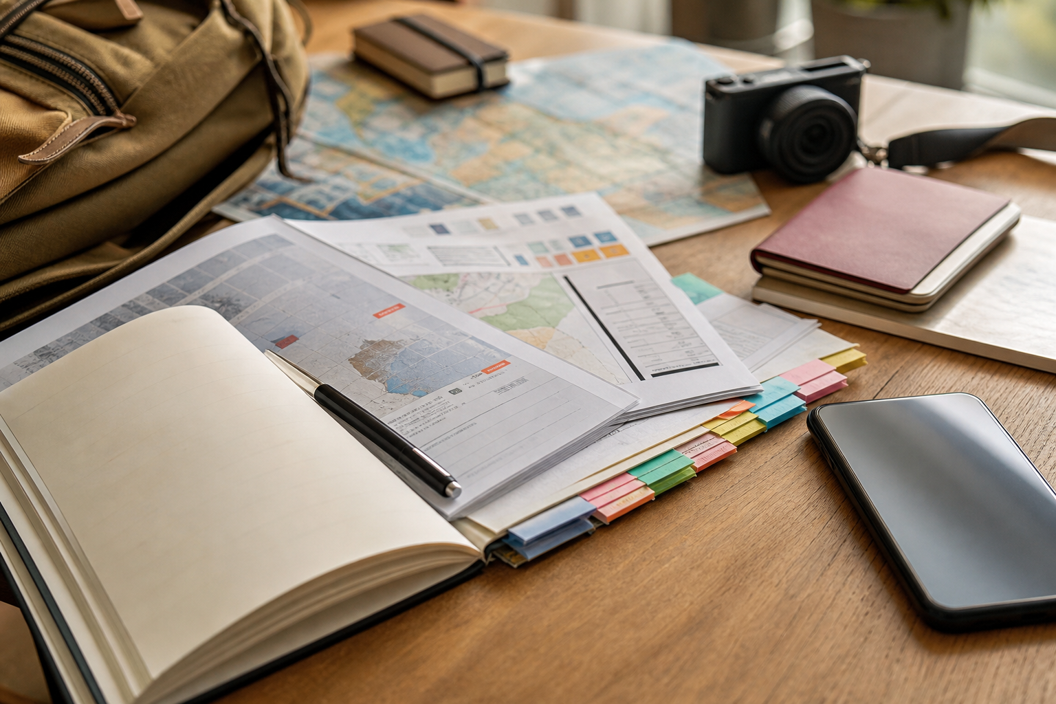 Organized travel planning folder materials with notebook, itinerary pages, passport, and camera.