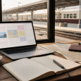 Laptop, maps, notebook, passport, and coffee arranged for trip planning beside a train station window.