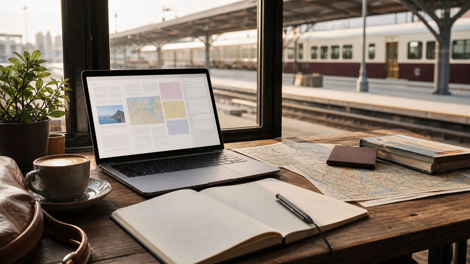Laptop, maps, notebook, passport, and coffee arranged for trip planning beside a train station window.