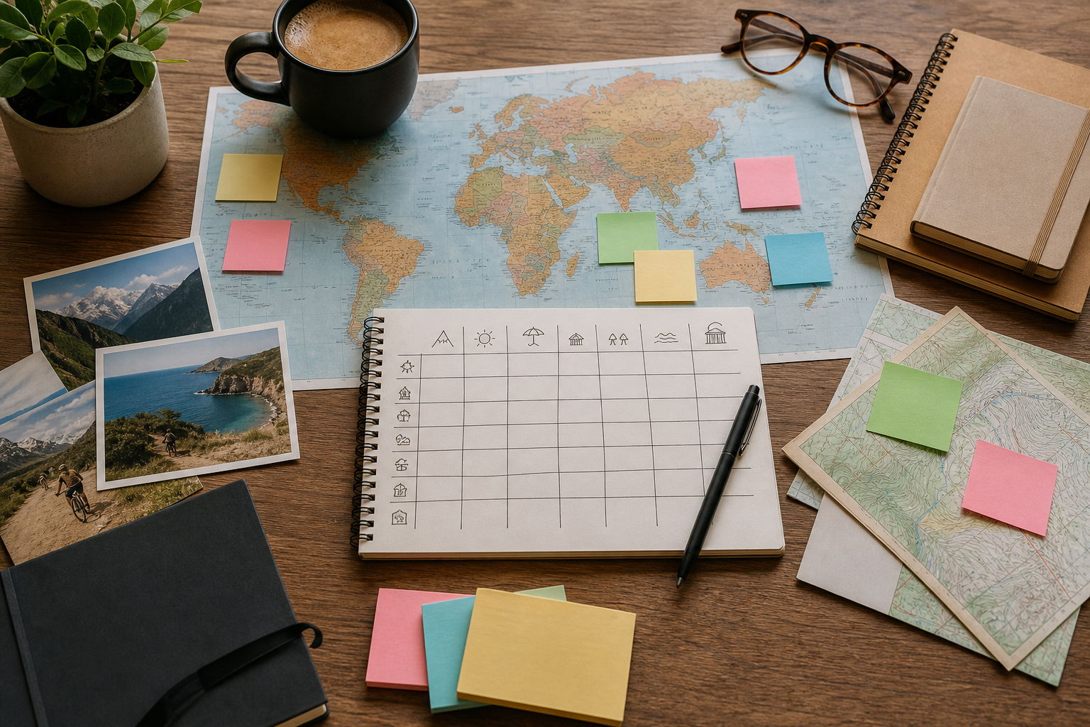 Organized travel planning desk with maps, sticky notes, and a comparison table.