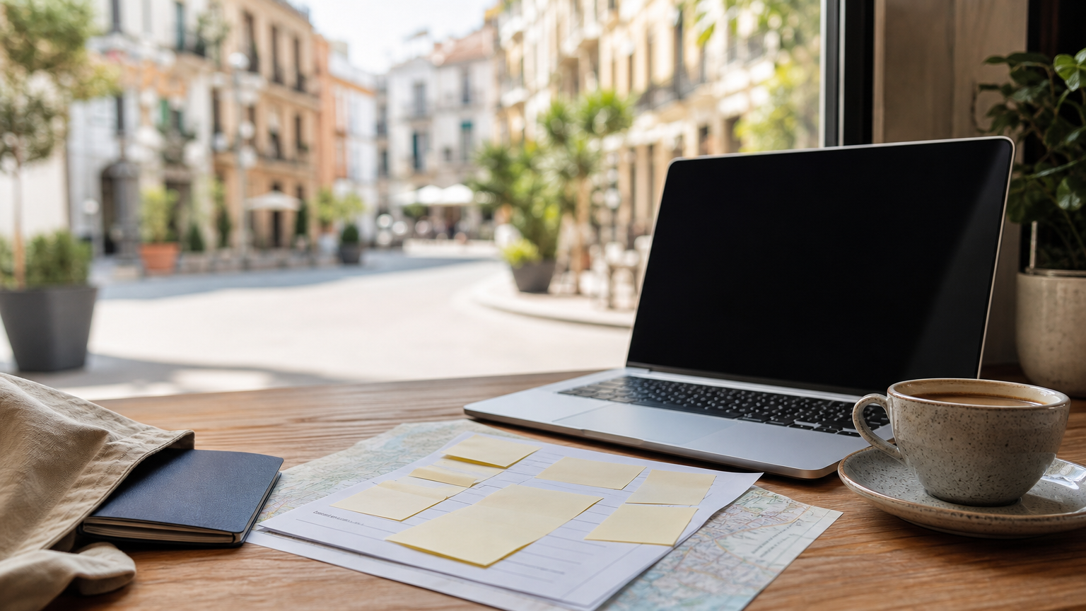 Traveler’s laptop and redacted trip papers on a café table