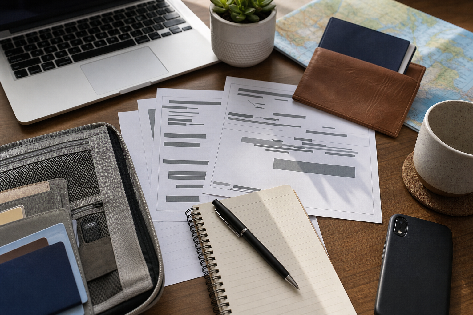 Organized travel documents with private details covered before using AI