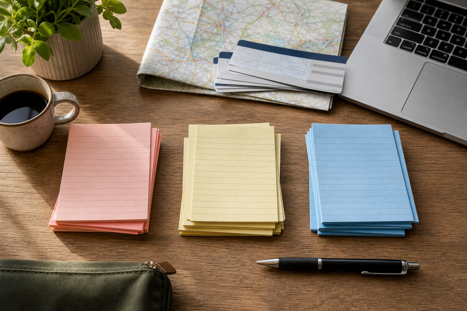 Neatly separated travel planning notes arranged beside a map and laptop