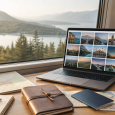 Travel creator’s desk with a laptop, camera, passport, map, and cohesive destination image thumbnails beside a train window