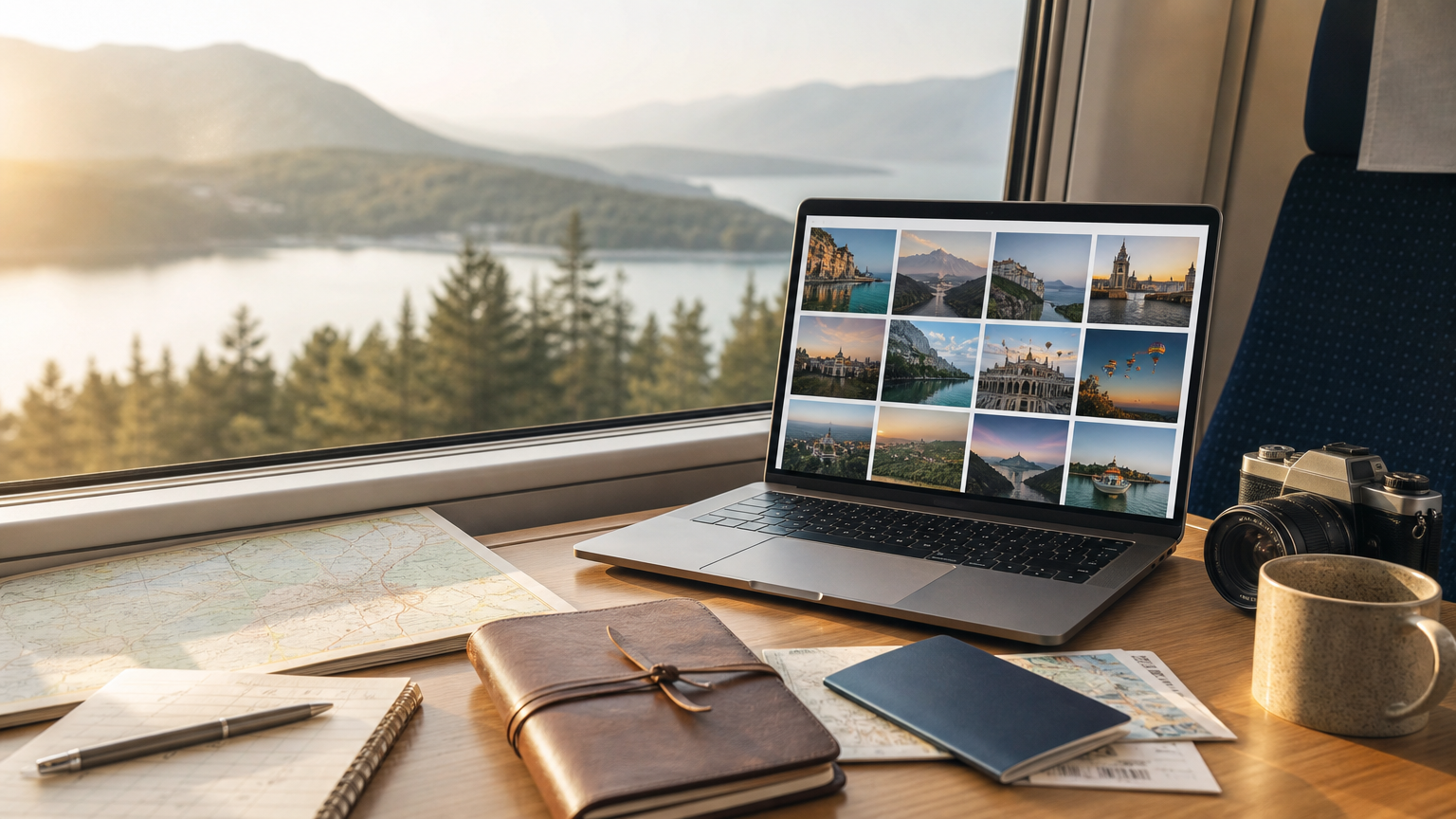 Travel creator’s desk with a laptop, camera, passport, map, and cohesive destination image thumbnails beside a train window