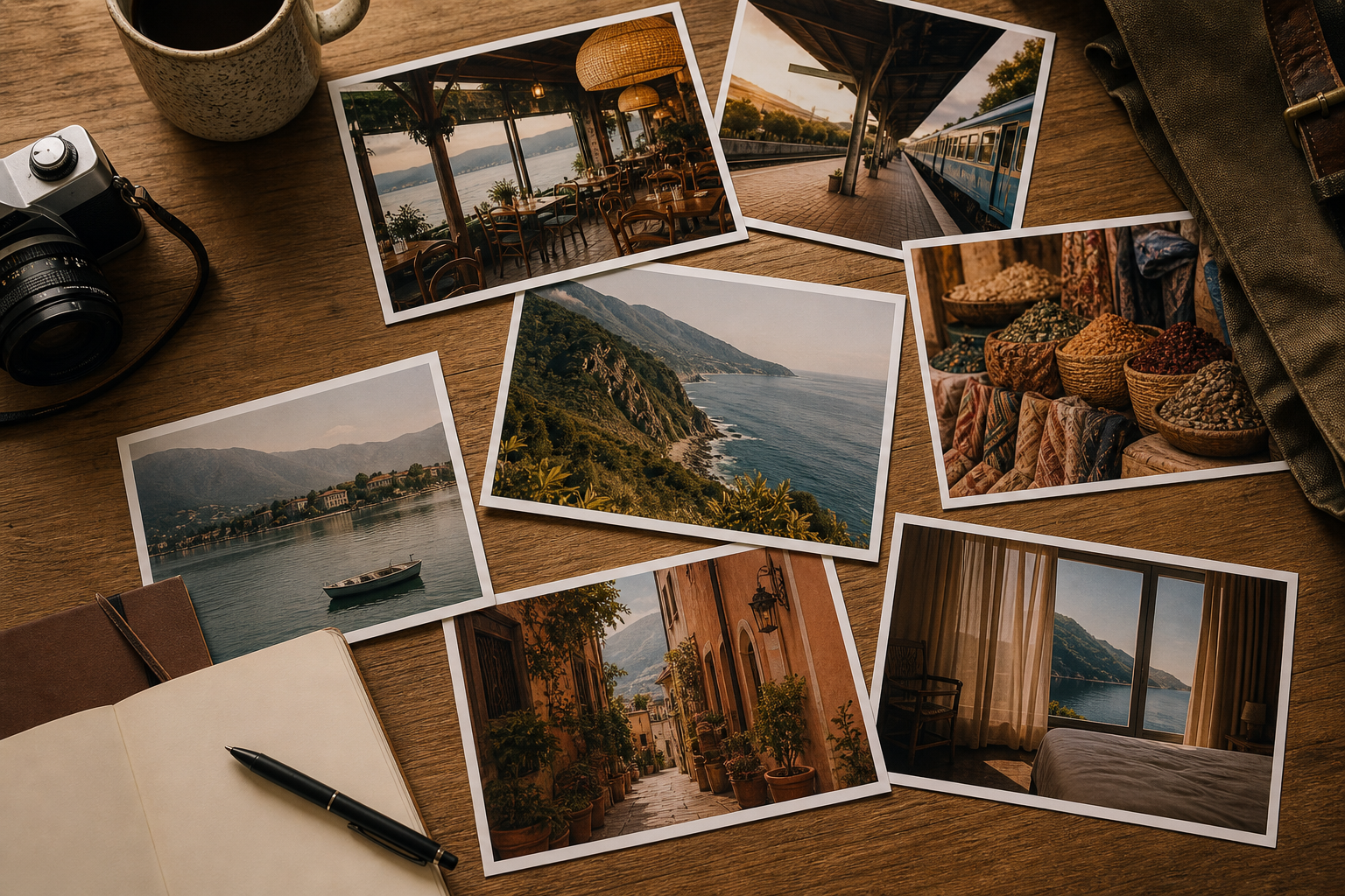 Travel reference photos arranged as a cohesive moodboard on a table