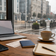 Traveler’s laptop, passport, phone, and trip papers arranged on a café table beside a rainy window.