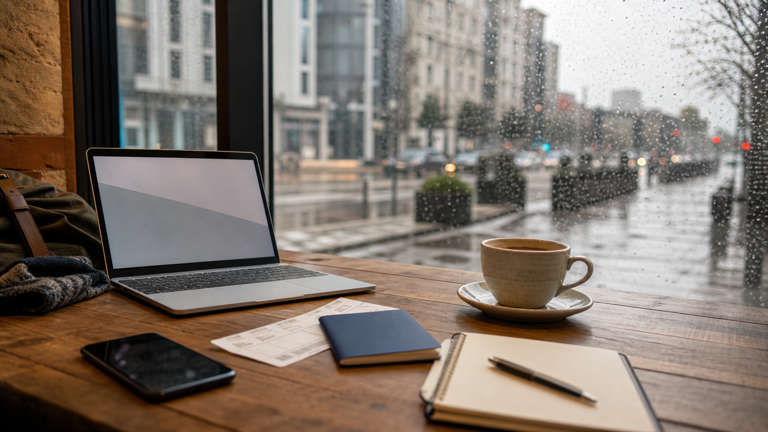 Traveler’s laptop, passport, phone, and trip papers arranged on a café table beside a rainy window.