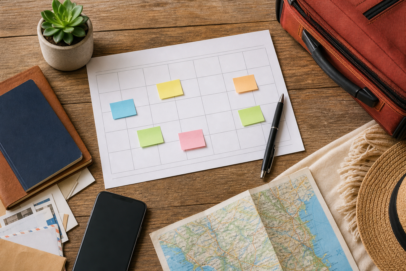 Organized travel planning flat lay with calendar, notes, passport, phone, map, and suitcase.