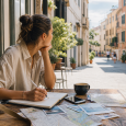 Traveler organizing trip notes at a café table with a map, notebook, and phone