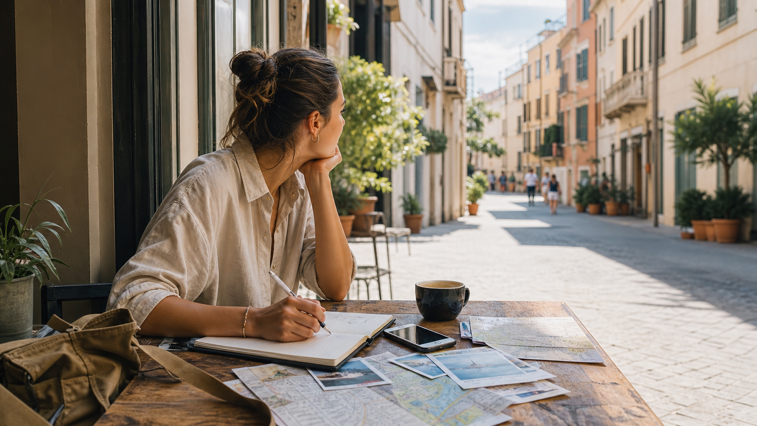 Traveler organizing trip notes at a café table with a map, notebook, and phone
