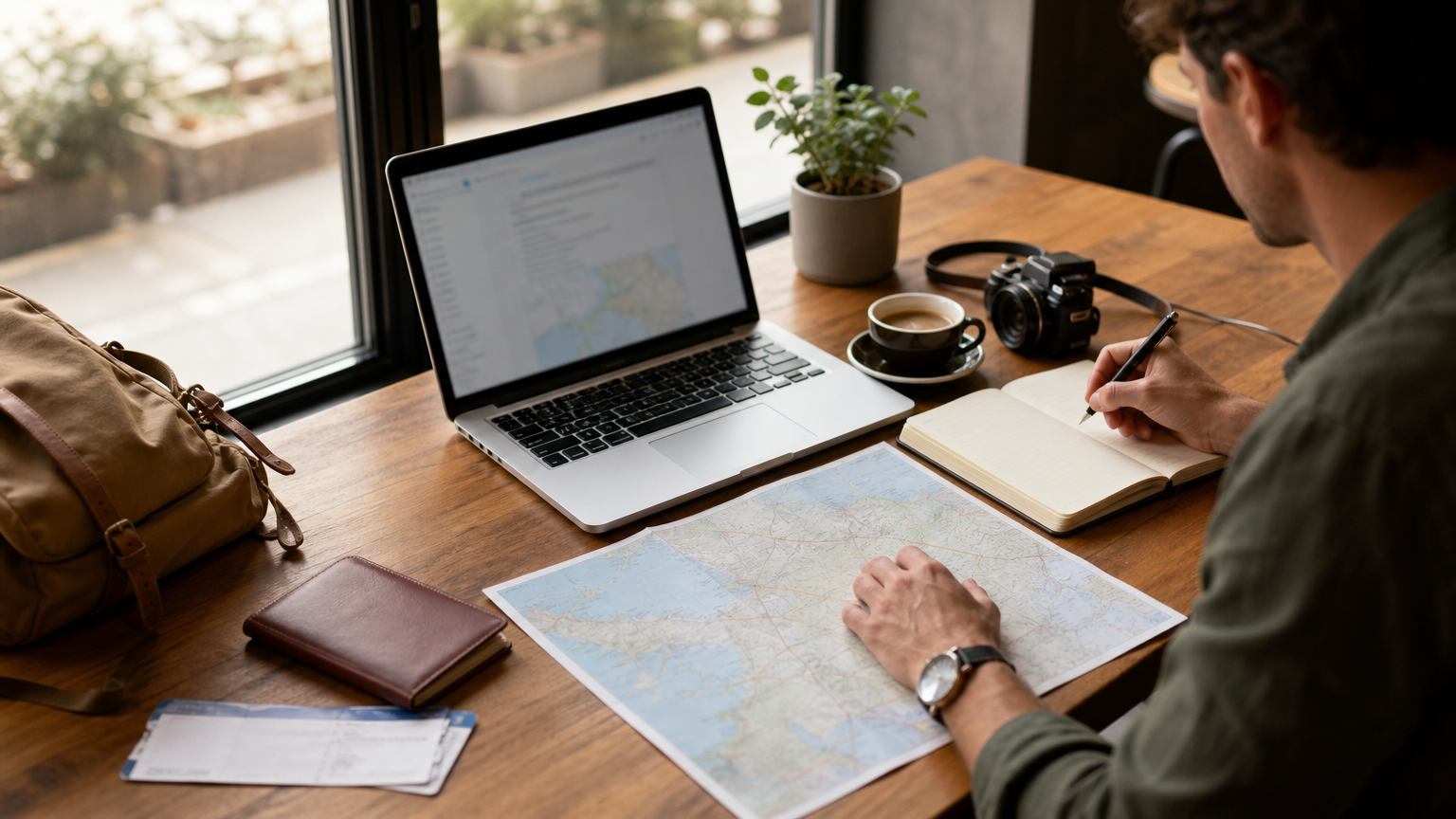 Traveler organizing a trip with a laptop, map, notebook, coffee, and tickets on a café table.