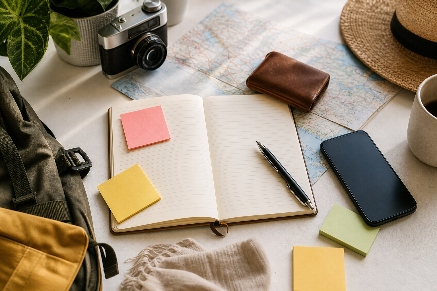 Organized travel planning desk with notebook, map, sticky notes, phone, and packing items.
