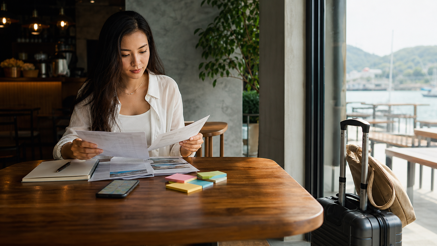 Traveler organizing trip notes, booking papers, and a phone at a café table